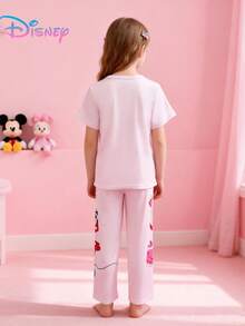 Disney 2pcs Minnie Mouse Young Girls Cartoon Print Short Sleeve Top And Pants Set, Cute & Playful Girls Outfit, Comfortable & Fashionable For Everyday Casual, Indoor/Outdoor, Sports, Vacation, Holidays & Parties - Pink - View 5