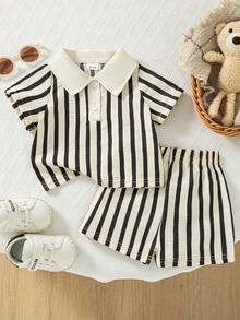 2件套婴幼儿（6个月-3岁）黑白条纹翻领宽松上衣和休闲短裤套装，夏季 - 黑與白 - 查看 1