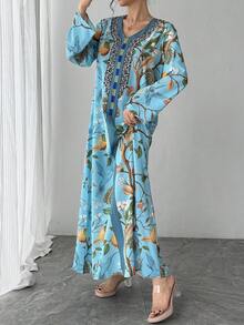 1pc Women's V-Neck Long Sleeve Casual Elegant Ditsy Floral Dress, Suitable For Parties, Galas, Holidays, Mother's Day And Other Occasions, Great Gift For Mom, Daughter, Friends - Baby Blue - View 3