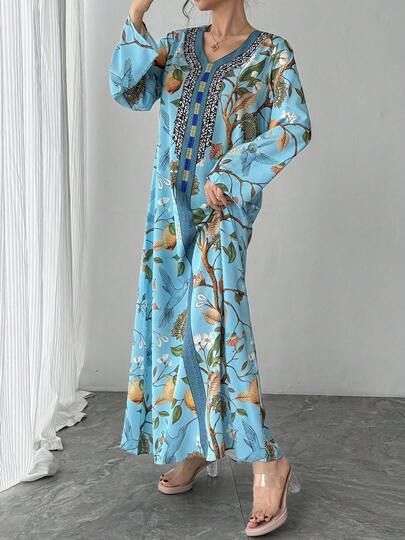 1 pièce Robe décontractée à manches longues et col en V pour femmes, robe bleue fleurie élégante de style arabe, convient pour les fêtes, les galas, les vacances, la fête des mères et autres occasions