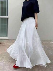 EARO Flowy White Pleated Skirt, Women's Fashion Long Fabric A-Line Skirt, Chiffon Draping Elegant & Versatile - White - View 2