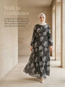 Women's Round Neck Printed Waist Cinching Loose Long Sleeved Abaya Modest Dress Made Of Ice Silk Fabric - Black - View 4