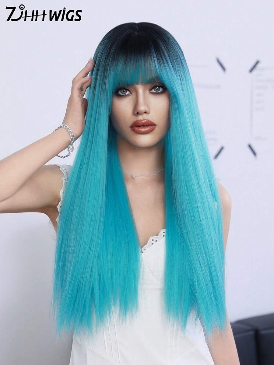 7JHH WIGS 24英寸长直发浅蓝色假发，女士款 - 蓬松直发假发，带刘海，优质耐热合成纤维假发，适合角色扮演、派对、万圣节服装等场合。
