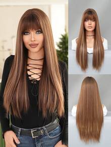 7JHH WIGS 26英寸长直发蜜棕色假发，女士款 - 蓬松直发假发，带刘海，优质耐热合成纤维假发，适合角色扮演、派对、万圣节服装等场合。 - 挑染棕色 - 查看 3