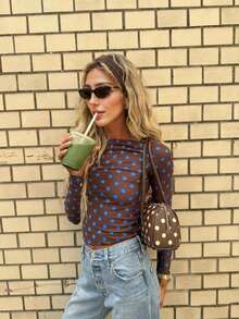 Women's Elegant Casual Fashionable Sexy Mesh Classic Polka Dot Crop Top - Boat Neck, Front Pleats, Waist Pleats Detail, Sheer Long Sleeves - Brown - View 3