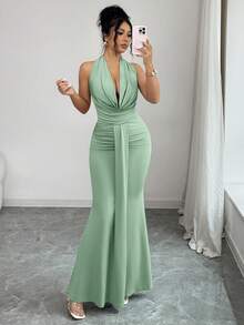 abyoxi 女士鼠尾草绿露背扭结前褶皱修身美人鱼长裙，春夏优雅派对长裙 - 豆綠色 - 查看 6