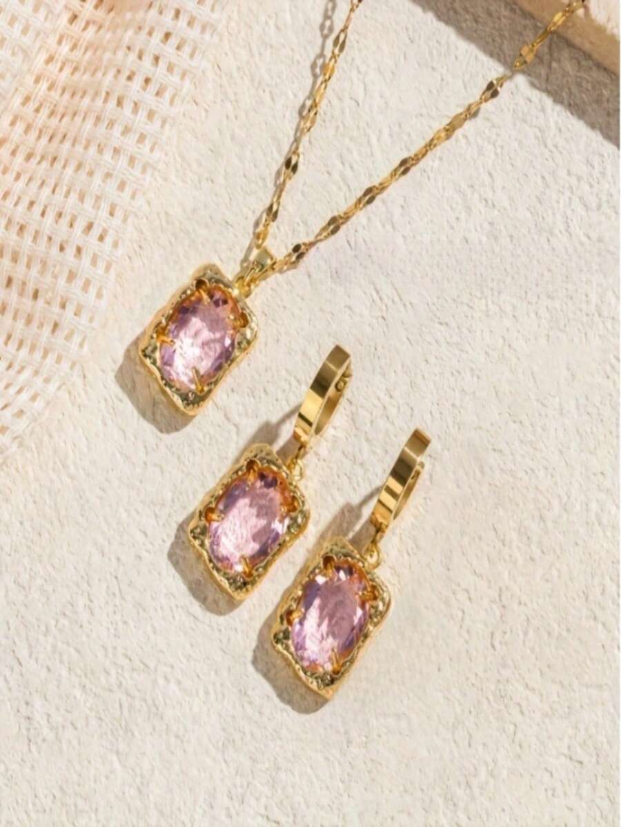 3件套金色不锈钢锆石粉色方形项链耳环首饰套装，复古简约设计，适合情侣、休闲、派对、节日佩戴（OPP袋包装） - 金色 - 查看 1