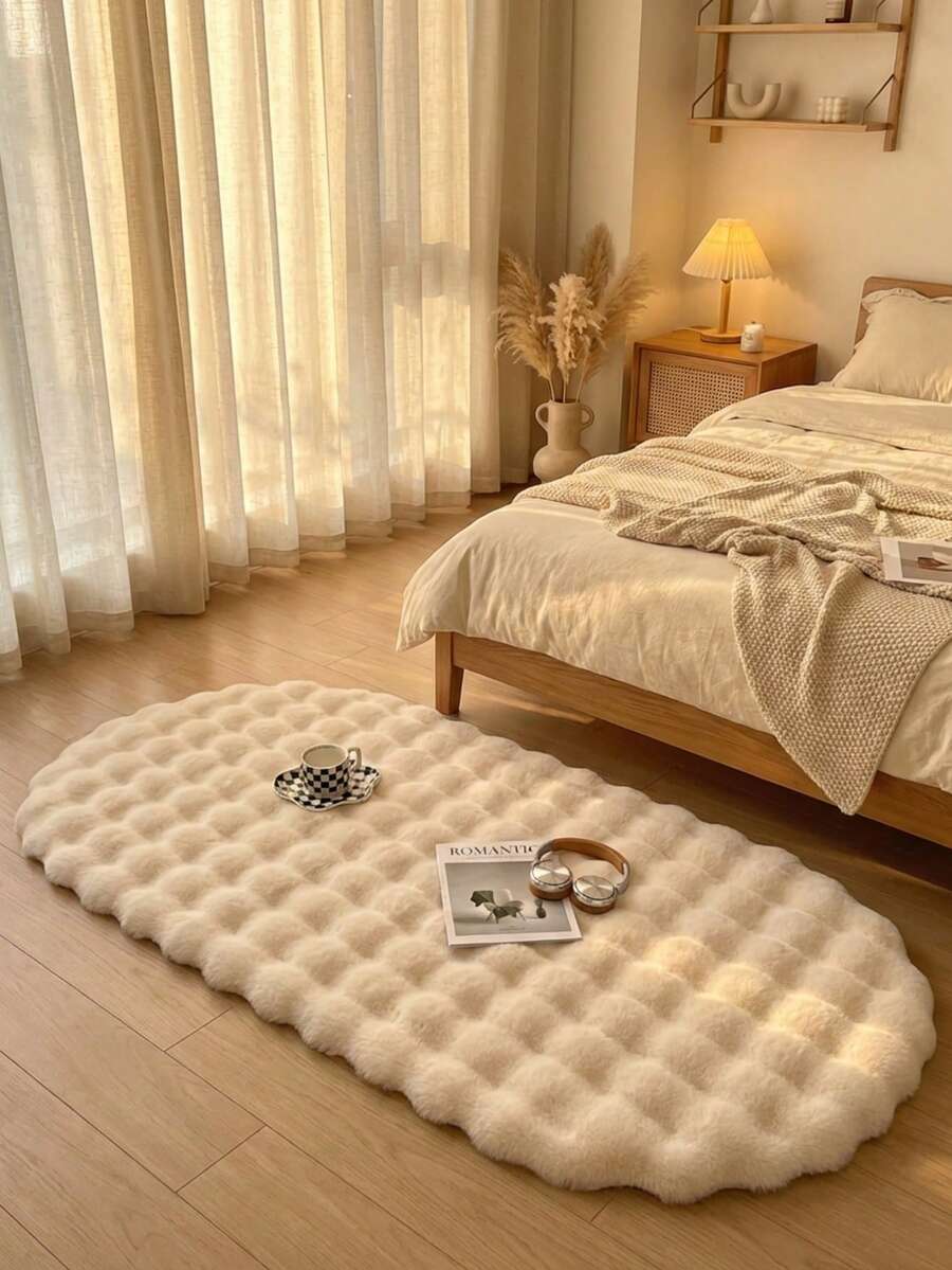 1 pieza Alfombra blanca esponjosa y suave, cómoda para dormitorio, sala de estar, estudio, oficina, entrada, alfombra decorativa lavable antideslizante, adecuada para decoración del hogar en interiores todo el año, alfombra minimalista de lujo para sala de estar, forma asimétrica, alfombra para dormitorio, alfombra para el lado de la cama - Blanco Crema - Ver 1