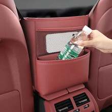 Bolsa de almacenamiento media para asiento de coche, organizador colgante de reposabrazos de coche de cuero PU, soporte para bolso multifunción, bolsillo de red, almacenamiento de pañuelos y tazas LUU5 - Marrón Cristal - Ver 8