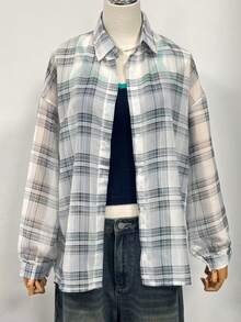 1件女士夏季格子长袖轻薄透气休闲衬衫，适合海滩、度假、日常穿着和约会。 - 白色 - 查看 7