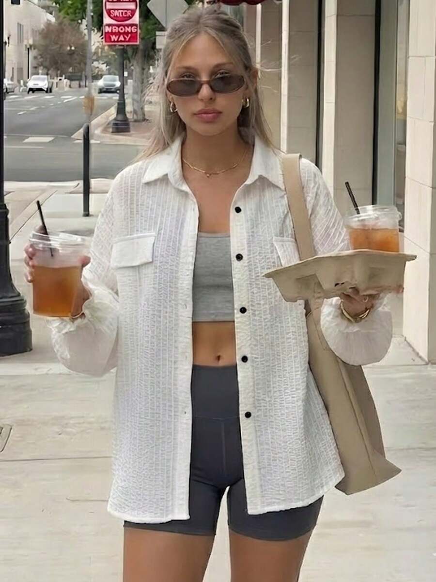 1件女士夏季轻薄透明白色格子长袖休闲衬衫，宽松休闲度假风 - 白色 - 查看 1