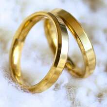 Kit Of 2 - Pair Of Beveled Wedding/Engagement Rings, 4mm, 316L Stainless Steel, 18K Gold Plated - 17 - 查看 14