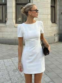 短款泡泡袖晚礼服，女士高腰圆领A字黑色优雅正式礼服 白色夏季 - 白色 - 查看 2