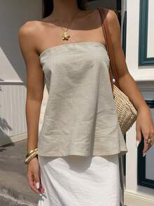 PoPoHouse 女士纯棉夏季优雅抹胸性感露背上衣，适合时尚休闲海滩度假派对日常外出穿着 - 卡其色 - 查看 7