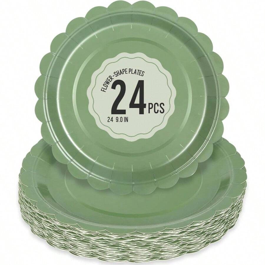 24 Pcs Sage Green Paper Plates 9 Inch Scalloped Dessert Plates - Disposable Sage Green Cake Plate - Shower Birthday Party Wedding Bridal Party Supplies - 鼠尾草綠 + 24 件 - 查看 1