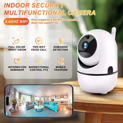 1080P高清云台安防摄像头，隐形红外监控模式，宠物摄像头，具备移动侦测、双向语音报警、夜视功能，支持云端和SD卡存储，适用于家庭和宠物，配备手机应用程序