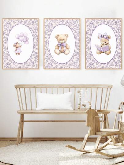 1幅帆布墙画 - 婴儿房装饰，薰衣草主题儿童房装饰画，紫色花卉小熊儿童房墙面装饰，复古薰衣草泰迪熊紫色女孩房装饰画 - 带框婴儿房墙画，完美适用于游戏室装饰、婴儿房装饰、幼儿园装饰、男孩房装饰、女孩卧室装饰、儿童房装饰