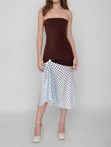 Women Strapless Midi Dress Slim Off Shoulder Sleeveless Dot Print Patchwork Ruffled Hem Dresses For Daily Party Club - 深棕色 - 查看 2