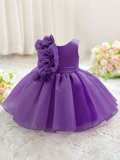 Baby Girls' Sleeveless Solid Color 3D Floral Organza Cute Birthday Party Princess Dress, Suitable For Family Gatherings, Festivals And Banquets, Headband Not Included