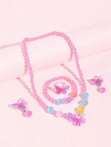 5pcs/Set Children's Butterfly Beaded Jewelry Set Necklace Bracelet Ring Ear Clips Little Girl Princess Costume Accessories - one-size - View 2