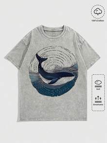 Washed T-Shirt Men | Shark & Swirl Graphic Print | Vintage Short Sleeve - 灰色01 - 查看 1