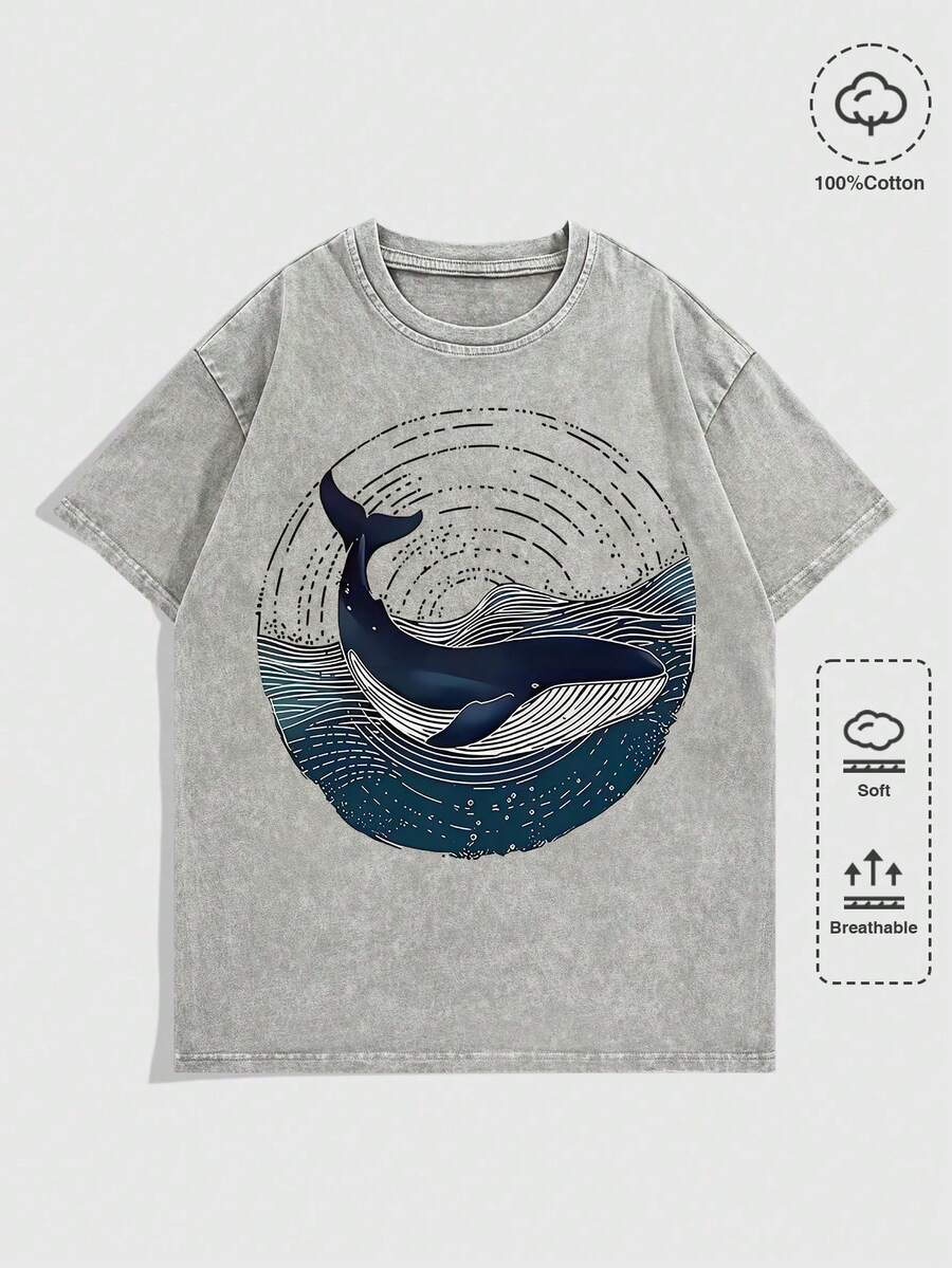 Washed T-Shirt Men | Shark & Swirl Graphic Print | Vintage Short Sleeve - 灰色01 - 查看 1