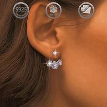 1 Pair Elegant Luxury 925 Sterling Silver 3D Sakura Flower Inlaid Synthetic Zirconia Stud Earrings, Suitable For Daily, Party, Holiday, Date, Gift - Silver - View 8