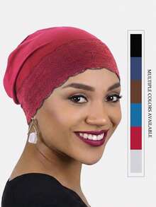 1pc Women's Lace Trim Beanie Hat, Muslim Headscarf, Sleep Cap, Suitable For Daily Use - Multicolor - View 1