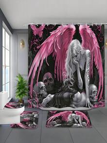 1 Piece/4 Piece Pink Winged Angel Waterproof Shower Curtain Set, Thick Polyester Waterproof Mildew-Resistant, Saying Goodbye To Bathroom Water Accumulation Troubles, Full Set Includes 12 Hooks, Anti-Slip Mat, U-Shaped Mat And Round Toilet Lid Cover - A - View 1
