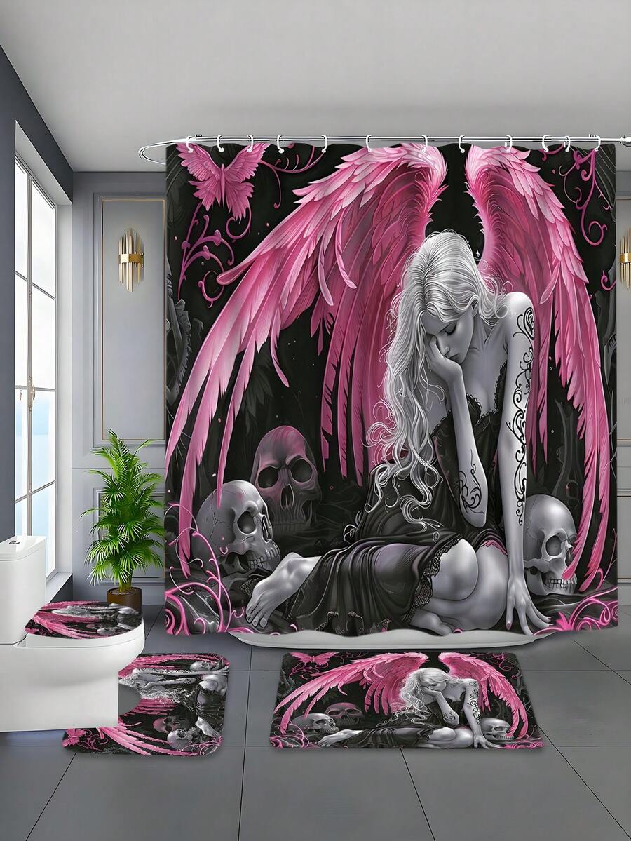 1 Piece/4 Piece Pink Winged Angel Waterproof Shower Curtain Set, Thick Polyester Waterproof Mildew-Resistant, Saying Goodbye To Bathroom Water Accumulation Troubles, Full Set Includes 12 Hooks, Anti-Slip Mat, U-Shaped Mat And Round Toilet Lid Cover - A - View 1