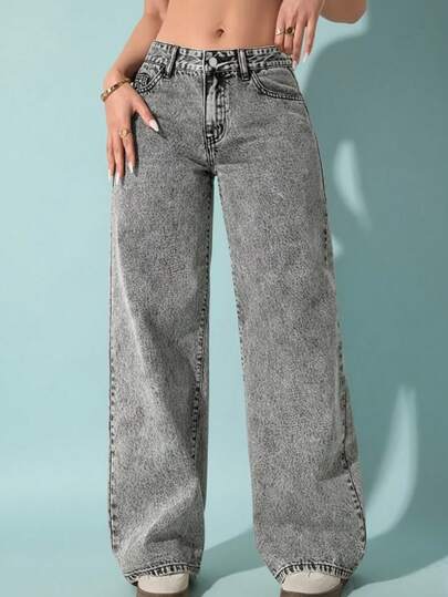 Calça Jeans Wide Leg Feminina Grafite  Pantalona Boca Larga Cintura Alta Confortável Sofisticada Elegante