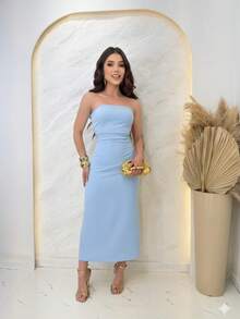 Strapless Midi Dress With Cape - 淺藍色 - 查看 2