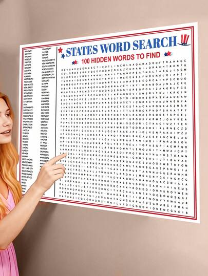 美国各州游戏海报 - 美国各州单词搜索拼图，派对单词游戏，超大互动拼图，趣味家庭活动，简单有趣的派对游戏，为与朋友和同学的聚会增添欢乐，完美的装饰和礼物，美国各州礼物