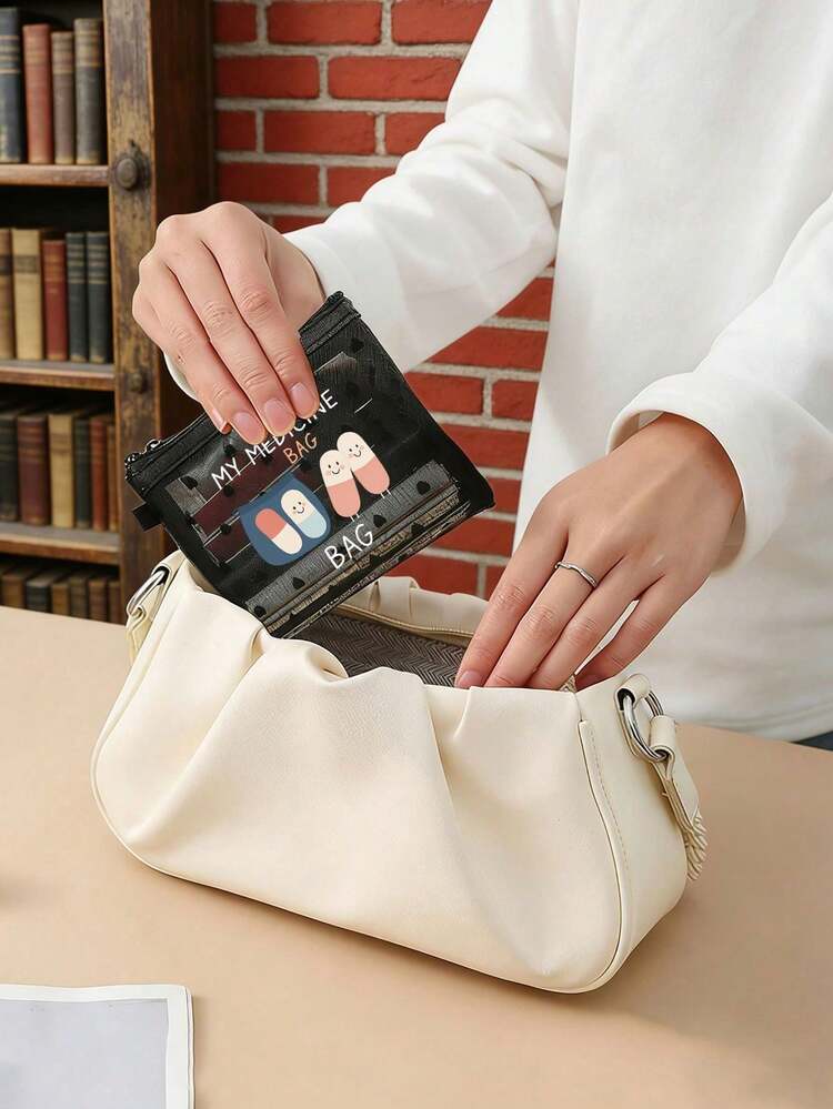 1个迷你便携网眼药袋，印有药丸字母图案，可作急救包、医疗应急包、户外家用药品药丸收纳袋、旅行收纳袋、化妆包、护肤品收纳袋、唇油收纳袋，母亲节礼物、生日礼物、浴室收纳袋、学生宿舍洗漱包，送给妻子、家人、朋友的礼物 - 彩色 - 查看 2