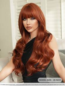 7JHH WIGS Tóc giả màu cam gừng thời trang dành cho nữ, dài 28 inch, kiểu tóc gợn sóng có mái, chất liệu sợi tổng hợp chịu nhiệt mật độ cao, kiểu tóc xoăn gợn sóng tự nhiên màu cam gừng, thích hợp cho các bữa tiệc hàng ngày, hóa trang Halloween, phụ kiện tóc giả không cần keo dán dành cho người mới bắt đầu. - gừng - Xem 5
