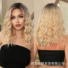 S码扎染波浪假发帽，时尚发饰，适合日常佩戴 - 駝色 - 查看 2