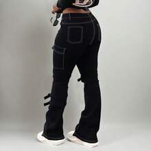 Plus-Size Women's High-Waist Jeans, Featuring Prominent Stitched Pockets And Metal Button Loops At The Hem, Cinching The Waist And Lifting The Hips; Plus-Size Women's High-Waist Cargo Pants; Street-Style Plus-Size Women's High-Waist Flare Pants. - màu đen - Xem 3