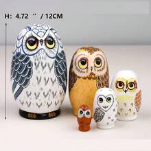 5件套手工动物猫头鹰套娃，俄罗斯木制叠叠乐，动物叠叠乐玩具，圣诞礼物及家居装饰 - 白色 - 查看 3