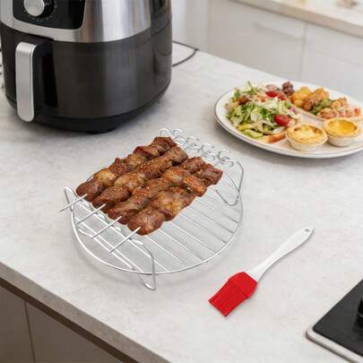 Air Fryer Oven Rack Set, Includes Stainless Steel Skewers + Silicone Brush, Even Heating, Non-Stick, Easy Clean, Suitable For Grilling Meat, Vegetables, Baking Desserts, Enhancing Cooking Efficiency And Culinary Presentation