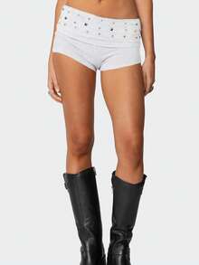 Women Y2K Studded Foldover Micro Shorts Vintage Low Waist Slim Fit Mini Shorts Boxer Short Party Clubwear - 灰色 - 查看 3