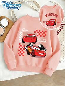 Disney Girls' Pink Round Neck Long Sleeved Sweatshirt With Lightning McQueen Racing Plaid Print, Dynamic And Fashion Style, Spring And Autumn Sports Play, School Travel, Outdoor Leisure, Campus Activities, Girls' Long Sleeved Sweatshirt - 粉色 - 查看 1
