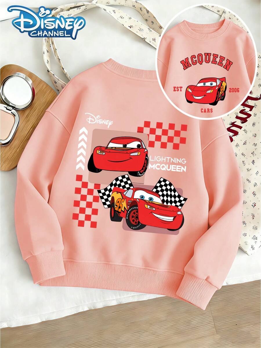 Disney Girls' Pink Round Neck Long Sleeved Sweatshirt With Lightning McQueen Racing Plaid Print, Dynamic And Fashion Style, Spring And Autumn Sports Play, School Travel, Outdoor Leisure, Campus Activities, Girls' Long Sleeved Sweatshirt - 粉色 - 查看 1