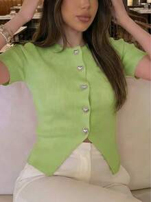 Cárdigan de punto con cuello redondo y botones con forma de corazón para mujer, primavera/verano, casual y elegante, ajustado y de longitud regular; Blusa rosa de manga corta para el Día de San Valentín, adecuada para uso diario en verano - Verde - Ver 4