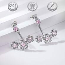 1 Pair Elegant Luxury 925 Sterling Silver 3D Sakura Flower Inlaid Synthetic Zirconia Stud Earrings, Suitable For Daily, Party, Holiday, Date, Gift - Silver - View 2