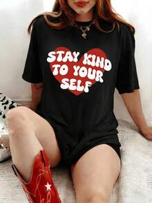 1 Pack Of Women's White Short-Sleeved T-Shirts With "Stay Kind To Yourself" Heart Print, For Summer, Outdoor Activities, Casual And Sporty Style, Gift For The Day - 黑色 - 查看 2