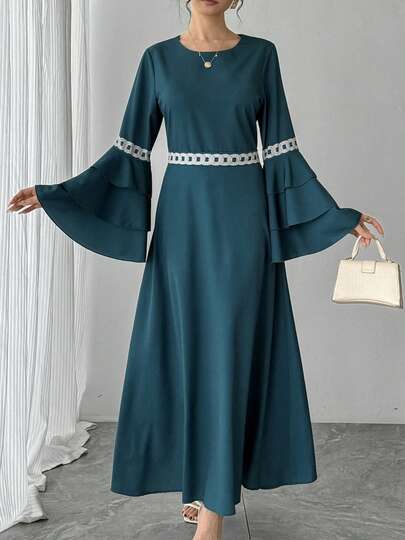 1 chiếc đầm nữ màu xanh lá cây, họa tiết hoa jacquard, cổ tròn, khóa kéo sau lưng, tay loe, gấu váy xếp tầng, thắt lưng, đầm maxi thanh lịch, đầm dự tiệc sang trọng, áo choàng Abaya kiểu Ả Rập truyền thống, thích hợp làm quà tặng Ngày của Mẹ, tiệc chiêu đãi, sinh nhật, năm mới.