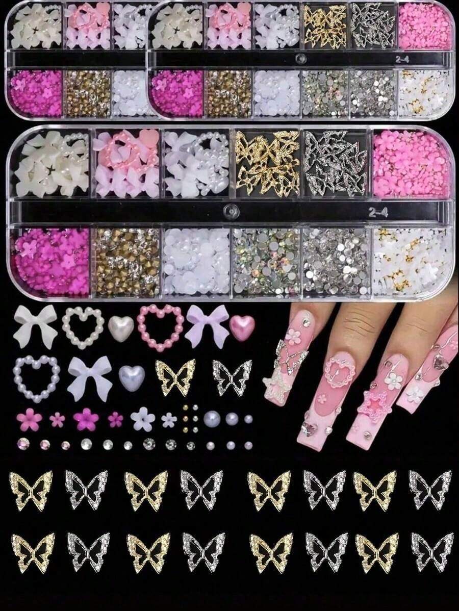 95pcs 3D  Nail Charms Set With, Pearl,: 20pcs Thick Charms, Seductive Nail Bow, Heart Charms, And 3D Flower Nails Y2K Nail Decoration Women Nail Manicure Supplies - 彩色 - 查看 1