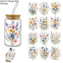 Bộ 12 tờ giấy chuyển nhiệt UV DTF, họa tiết hoa dại rực rỡ, thích hợp để tự làm cốc, ly và các bề mặt nhẵn khác (Chỉ bao gồm giấy chuyển nhiệt, không bao gồm cốc). - Nhiều màu - Xem 5
