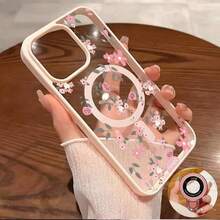 A Floral Ultra-Transparent Magnetic Round Soft Phone Case, Suitable For IPhone 16 Pro Max, 16, 15 Pro, 14 Plus, 13, 12 Pro, 11 Pro Max, X, XS Max Series Phone Protection. - 1pc - 查看 1