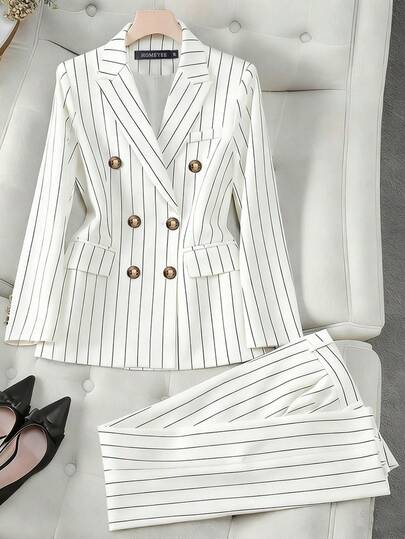 HOMEYEE Striped Fabric Retro Casual Vacation Elegant Business Professional Plus Size Suit Pants & Jacket Set